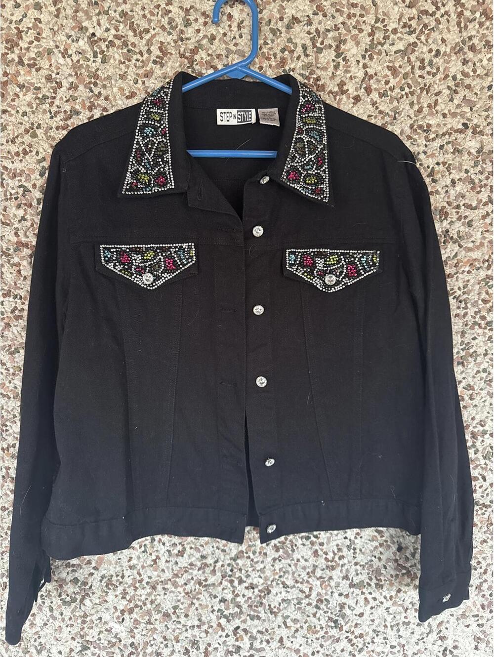 Vintage 100% Cotton Rhinestone Western Black Denim Jacket Step In Style L